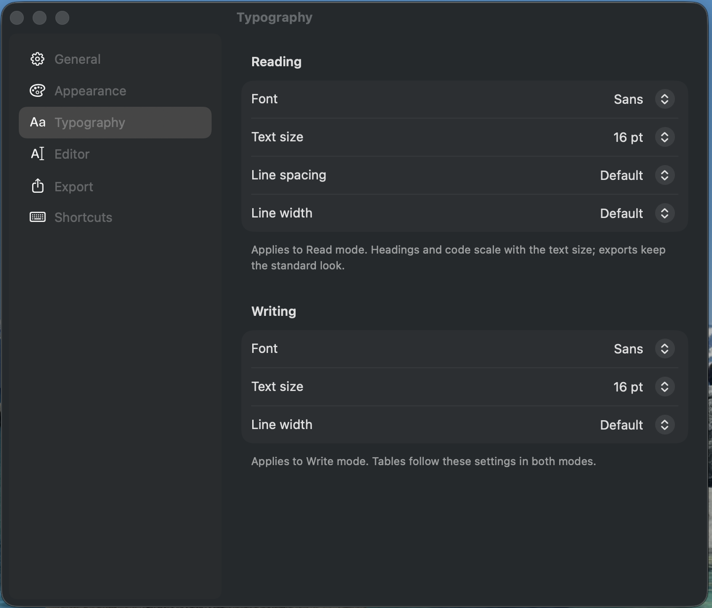 Unmarked’s separate reading and writing typography settings